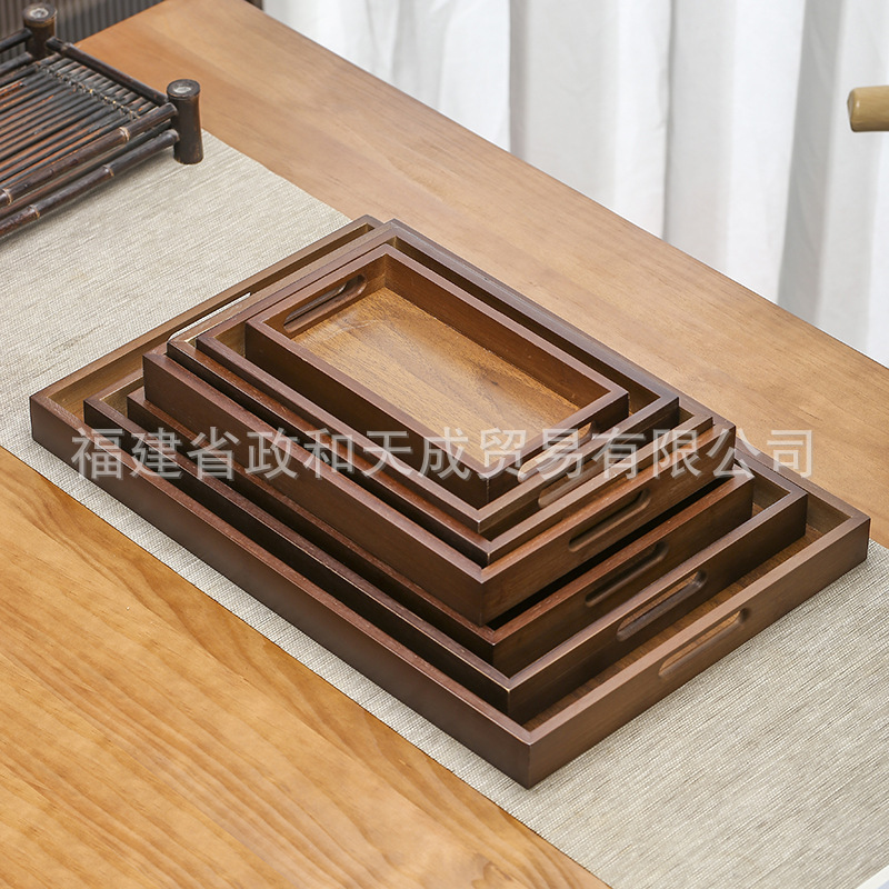 New Chinese Tray Rectangular Bamboo Wood Serving Tea Tray Antique Restaurant Wooden Teapot Cup Holder Serving Tray
