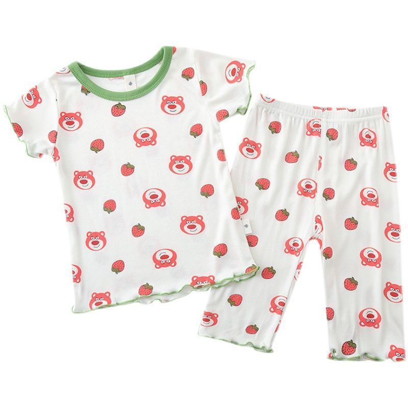 Las niñas de seda de hielo desgaste traje de estilo occidental verano nuevo estilo coreano bebé niñas hielo seda fresco pijamas desgaste del hogar conjunto