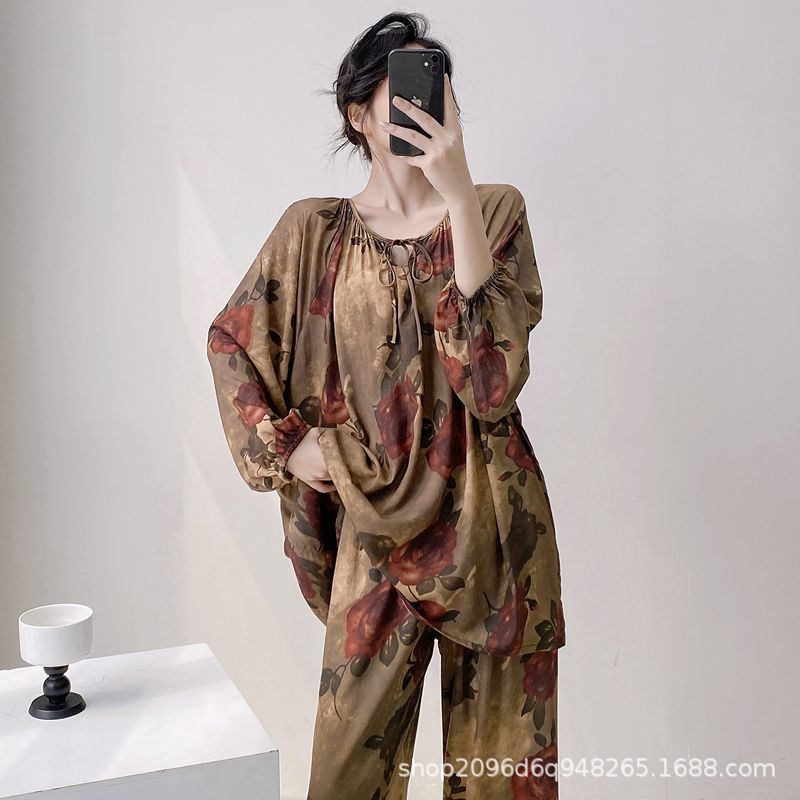 女性用パジャマ、春と秋の長袖人工綿シルク、国民風プリント、ゆったりとした大きいサイズの綿シルクホーム服セット、薄手|undefined