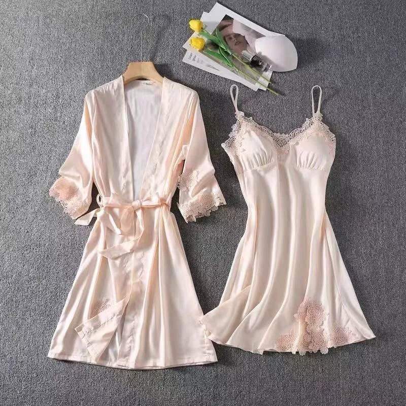Сексуальные женские пижамы с подушечками для груди, ледяной шелк, весенне-осенний легкий роскошный кружевной подвязочный костюм из двух предметов, ночная рубашка пуш-ап, тонкая летняя