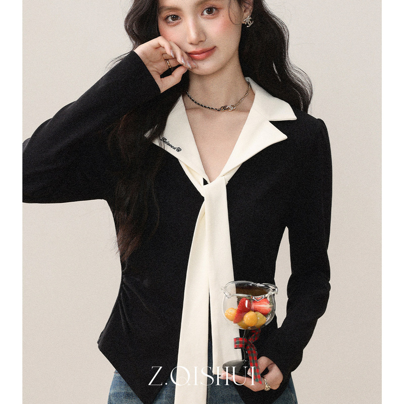 Zhang Qishui's Autumn Outfit: Black Polo Shirt, Long-Sleeve T-Shirt for Women, Korean Style, Super Stylish, Can Be Worn Alone, with Unique Tie-Up Design Zhang Qishui's Autumn Outfit: Black Polo Shirt, Long-Sleeve T-Shirt for Women, Korean Style, Super Stylish, Can Be Worn Alone, with Unique Tie-Up Design