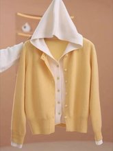 大码撞色假两件针织开衫女早秋慵懒风毛衣外套气质连帽打底衫上衣