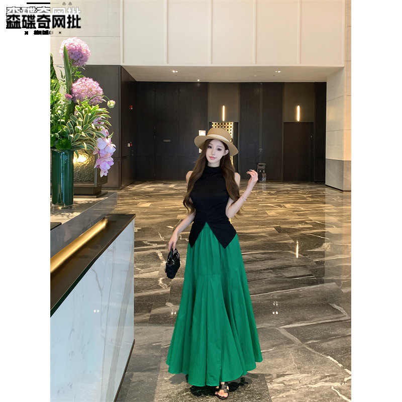 文艺范艺术系穿搭气质韩系穿搭袖开叉上衣绿色半身裙两件套装|undefined