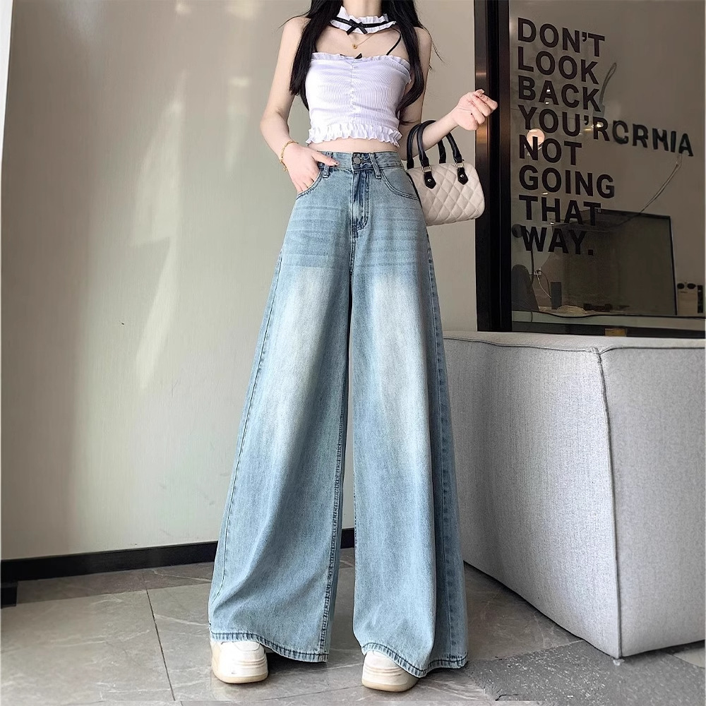 Women's Summer Thin Light Blue Wide Leg Jeans High Waist Slimming Loose Fit Straight Leg Floor Length Pants Plus Size_ecoleips.com