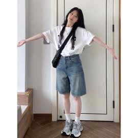 复古高腰五分牛仔短裤女夏季薄款2026新款小个子宽松百搭阔腿中裤