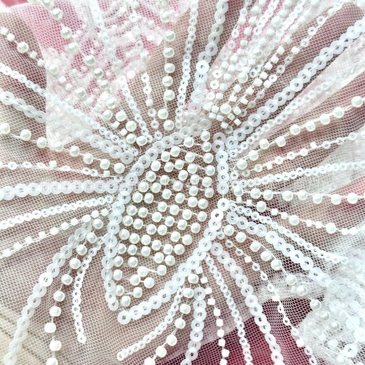 Estereoscópico rayos sequinilla tela de malla de perlas de clavos vestido de boda vestido de escenario tela bordada de alta gama image 3