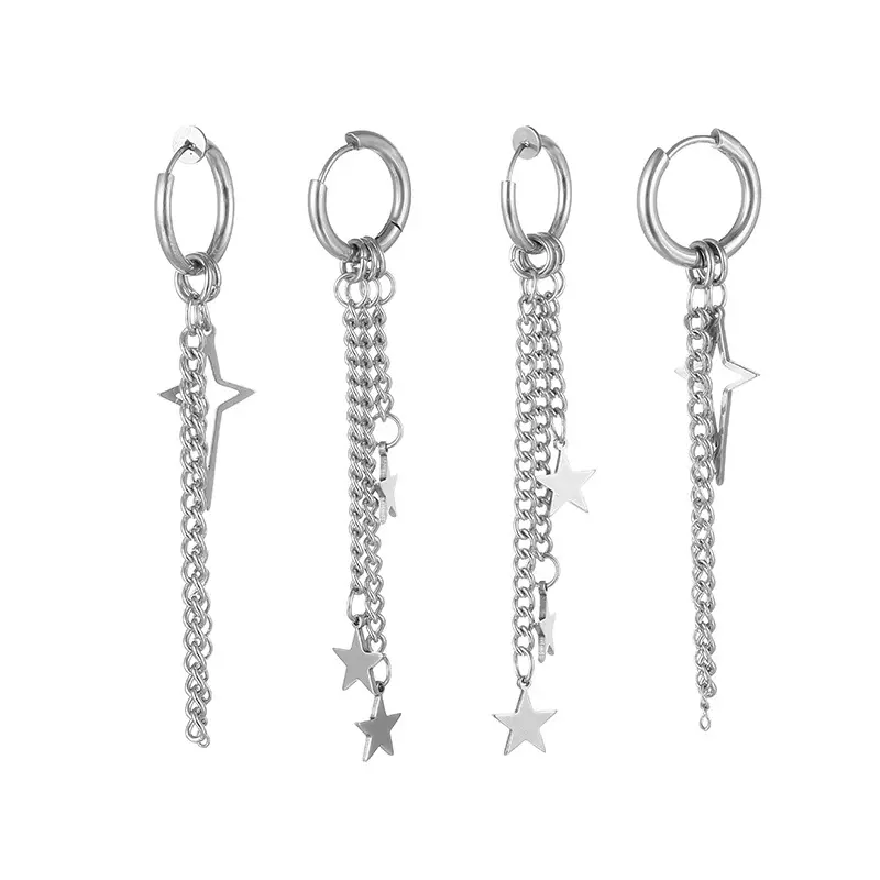 跨境韩版流苏链条四芒星不锈钢圆圈耳环钛钢耳骨扣男嘻哈耳环耳饰