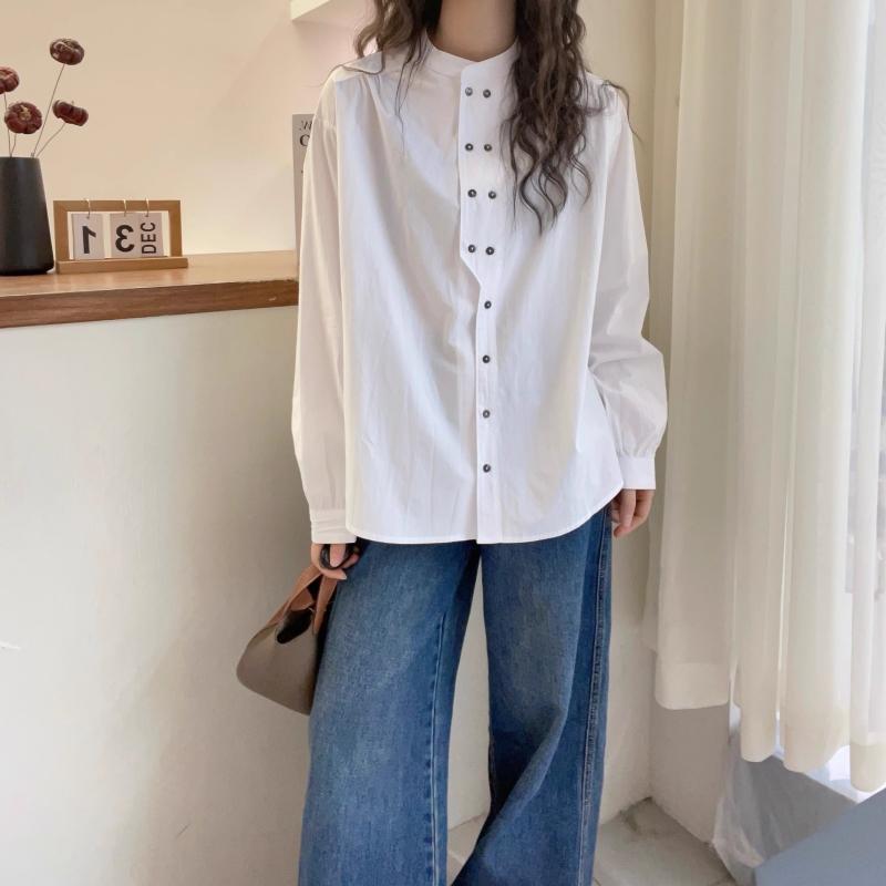 Plus-Size Double-Breasted White Hong Kong Style Shirt with Long Sleeves for Women, Spring 2026, Loose Fit, Slimming, Casual Top for Chubby Women