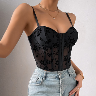 European and American Cross-border Women's Hot Girl Low-cut Perspective Strap Stitching Mesh Fishbone Waist Short Top Women's 11056
