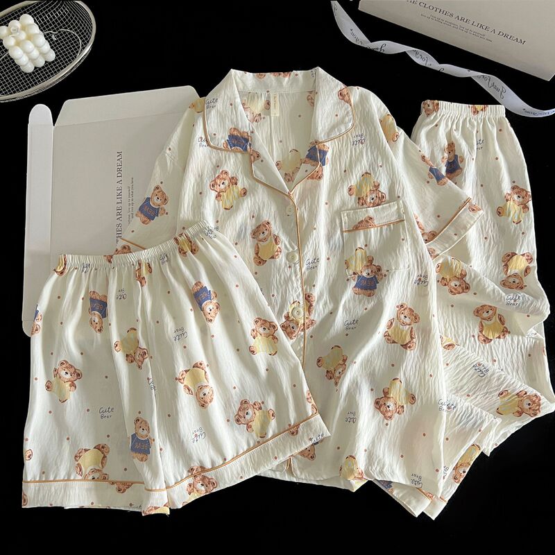 Wholesale Export Hot-Selling Women's Pajamas Three-Piece Set Cloud Cotton Sweet Lapel Cardigan Loungewear Set Loose Fit for Home Use Wholesale Export Hot-Selling Women's Pajamas Three-Piece Set Cloud Cotton Sweet Lapel Cardigan Loungewear Set Loose Fit for Home Use