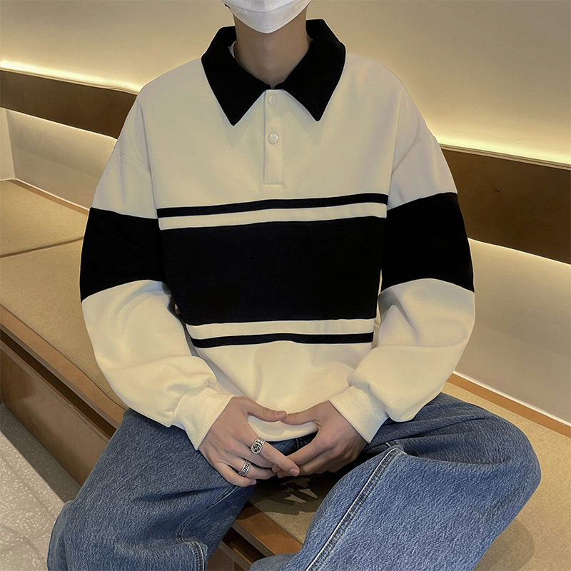 Suéter a juego de color retro estadounidense camisa de polo suelta para hombres y mujeres desgaste de pareja solapa desgaste exterior ins Ruan guapo Top nacional de moda
