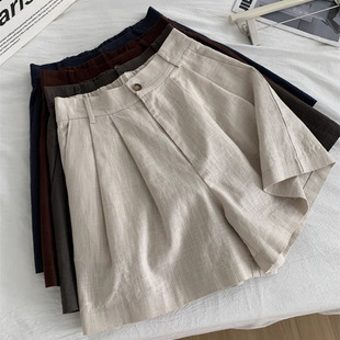 Washed Retro Ramie Shorts for Women Korean Style Versatile A-Line High-Waist Slim Wide-Leg Pants 25 Summer Thin Cotton and Linen Pants