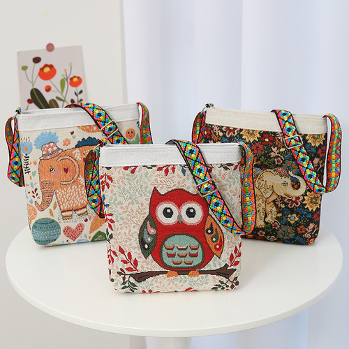 Manufacturer wholesale new cartoon texture western style crossbody bag for going out double-sided casual embroidered ethnic style canvas bag