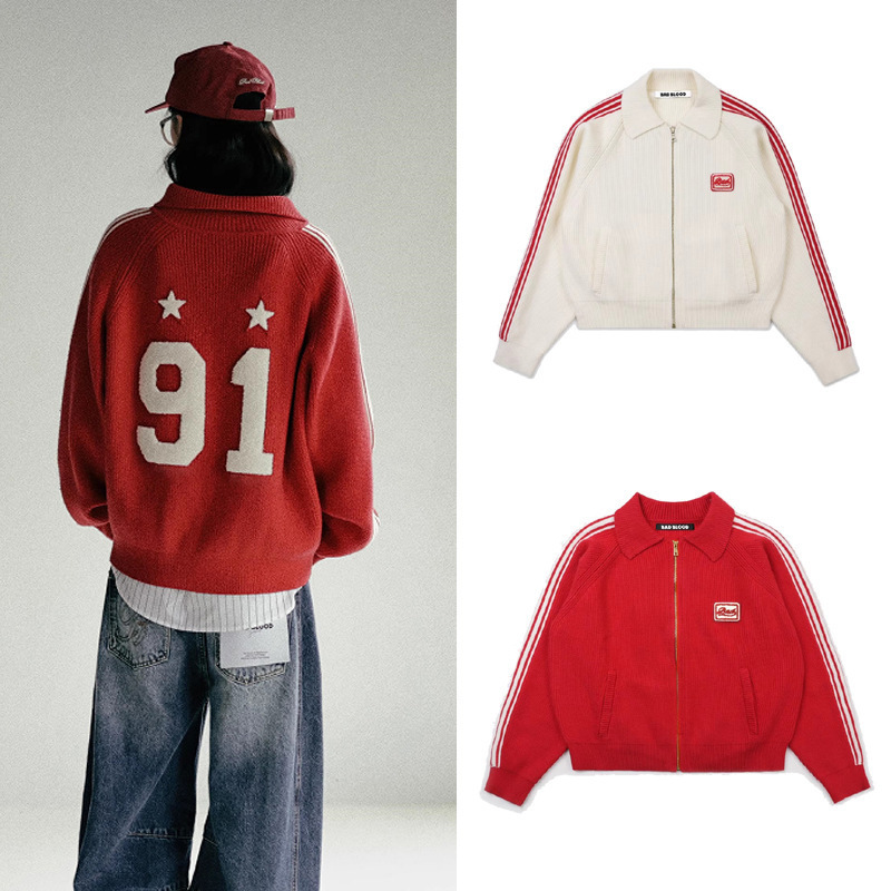 Korean Badblood American Retro Raglan Sleeve Lapel Sweater Jacket Women's Lazy Style Polo Collar Knitted Cardigan