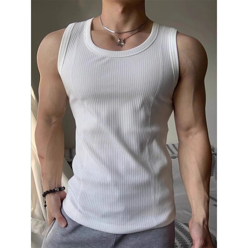 White Coarse-Threaded Fitness Vest for Men, Summer Slim-Fit Muscle-Enhancing Sleeveless T-Shirt, American-Style Sports Training Sweatshirt White Coarse-Threaded Fitness Vest for Men, Summer Slim-Fit Muscle-Enhancing Sleeveless T-Shirt, American-Style Sports Training Sweatshirt