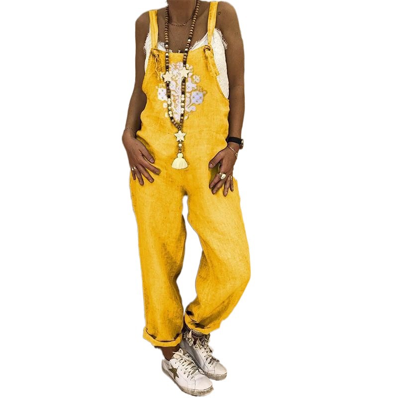 Venta caliente Ebay Amazon deseo mono de las mujeres impresión del comercio exterior gran tamaño algodón Lino pantalones la liga en stock