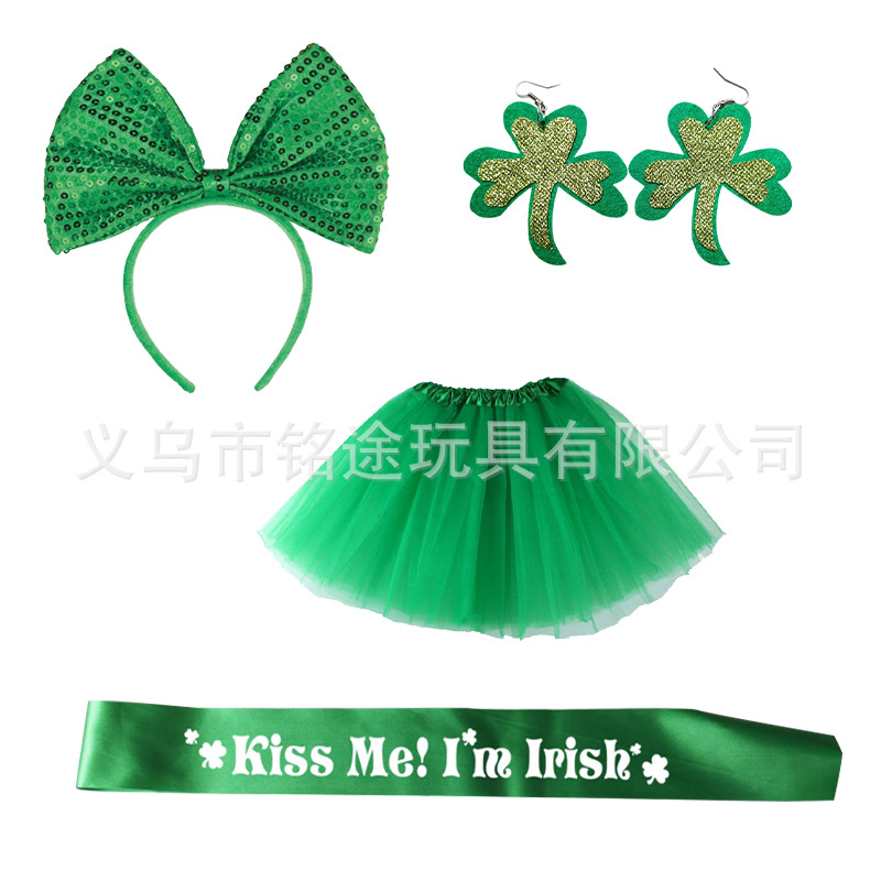 Irlanda Día de San Patricio pajarita cabeza hebilla vestido de gasa Irlandés correa de hombro trébol pendientes traje