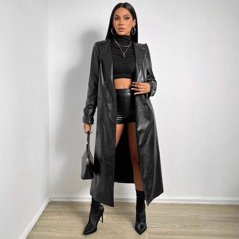 Oversized Double-Breasted PU Trench Coat – Women’s Streetwear Blazer-Collar Long Coat(S/M/L/XL, Black/Brown/Red)_ecoleips.com