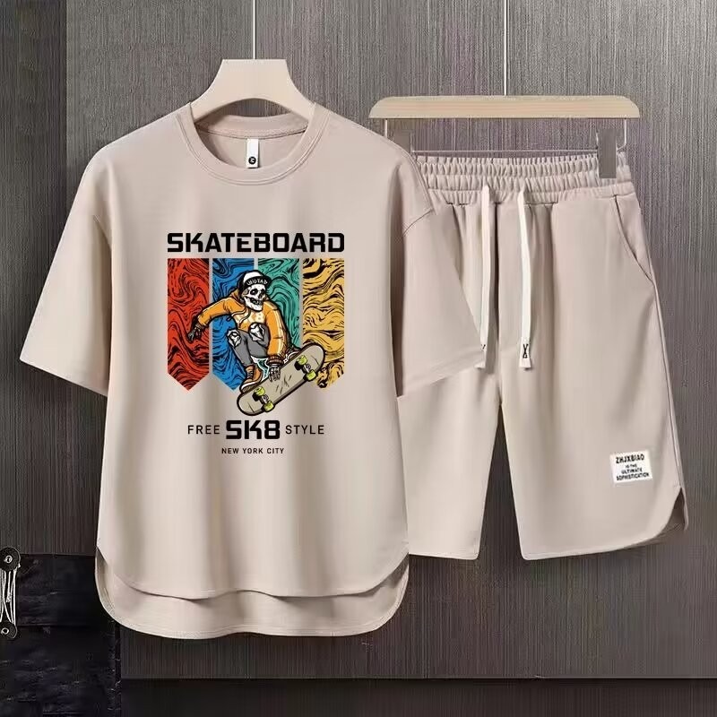 Men's Clothing 2024 Waffle Casual Summer Suit Men's Loose Teen Short sleeved T shirt Shorts Handsome Two piece Suit_desvips.com