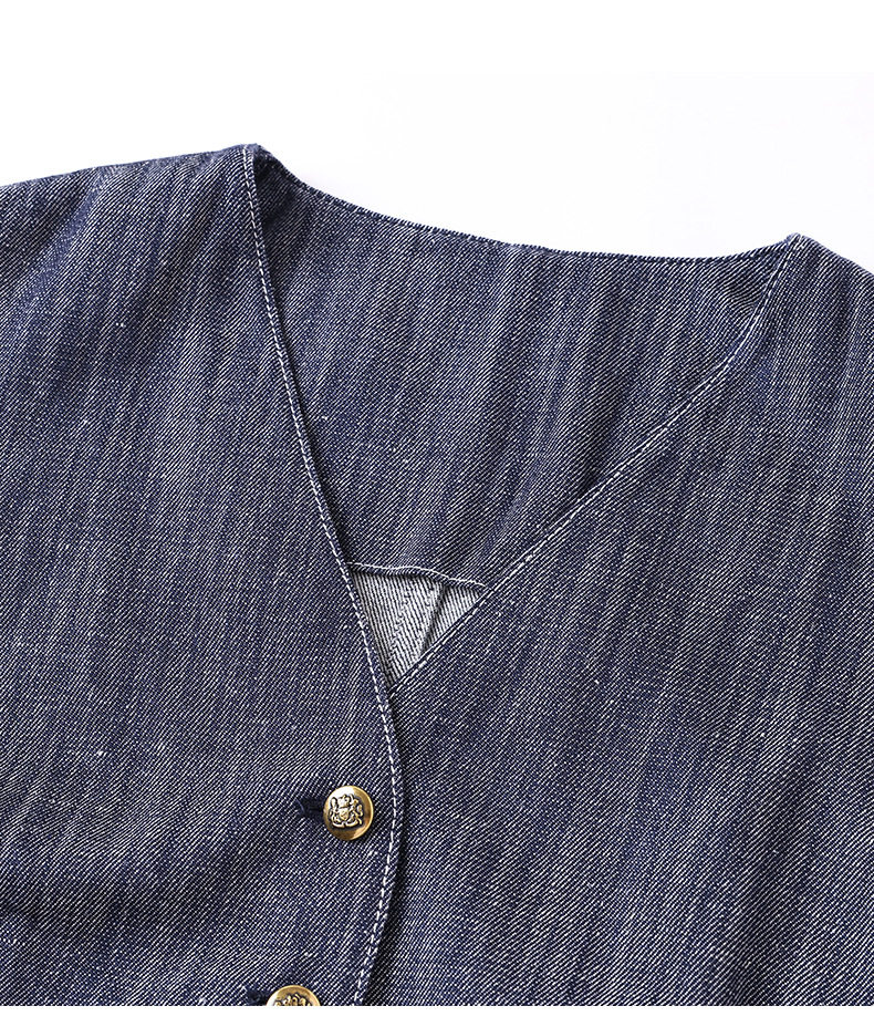 Áo vest denim nữ cổ chữ V phong cách retro, áo khoác mặc ngoài dáng suông dài 50–65 cm — Xanh cổ điển chi tiết 13