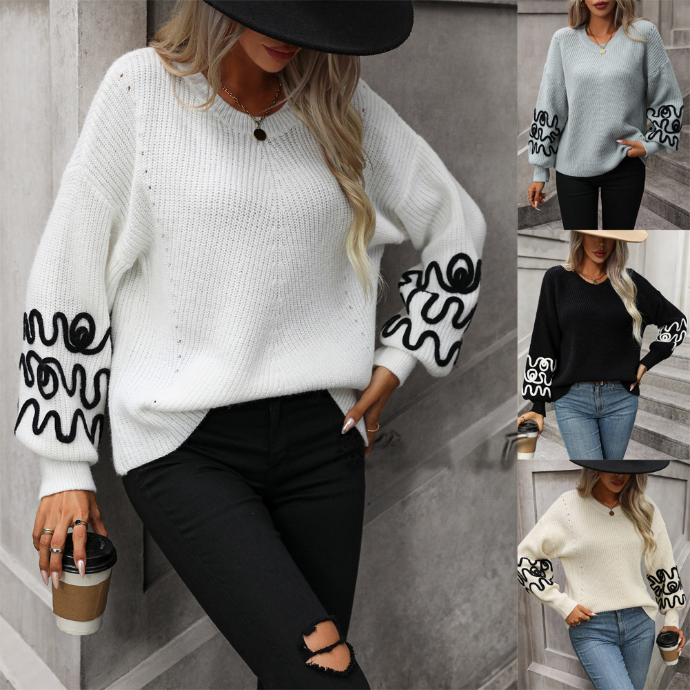 2023 Europe and the United States new cross-border pullover women's sweater solid color pattern new fashion sweater women_voghion.com