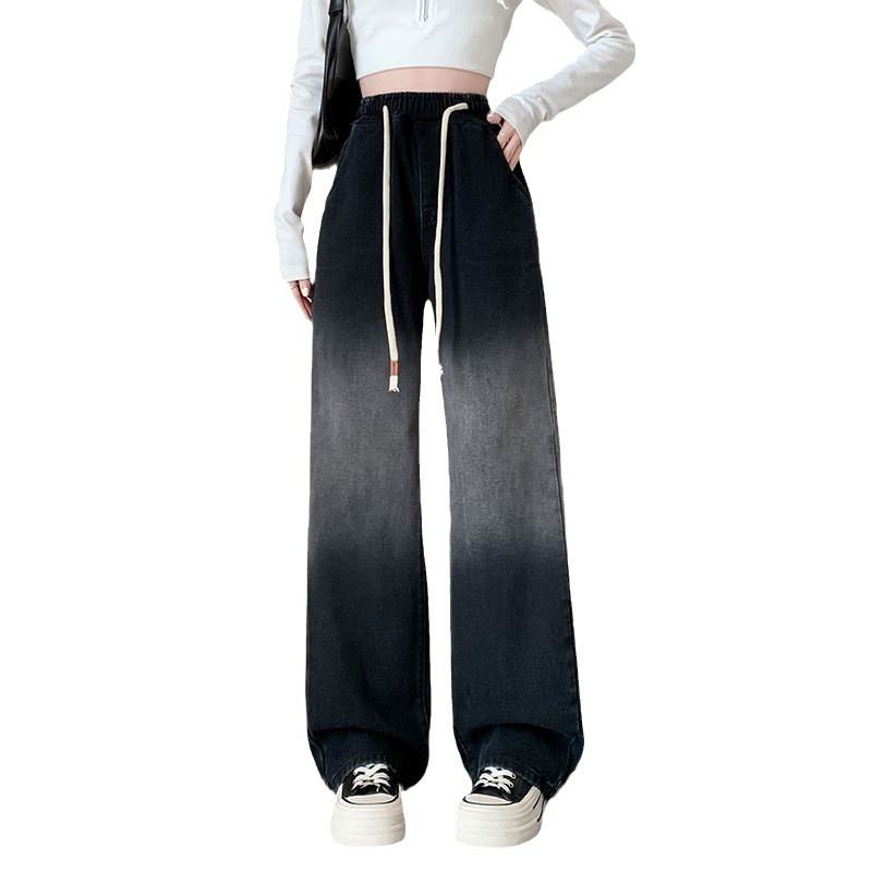 Autumn and winter plush and thickened fashionable gradient denim wide leg pants for women in 2023, new large-sized high waisted loose straight leg pants