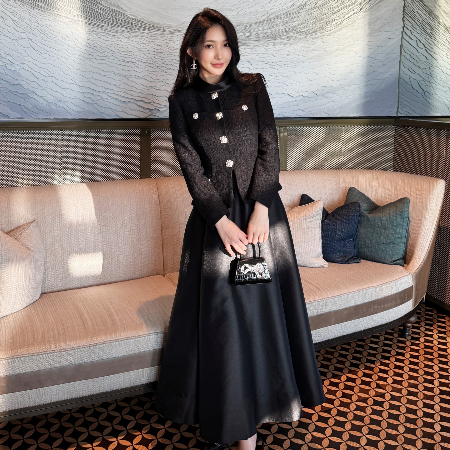 2025 Autumn Winter New Women's Black Tweed Patchwork Elegant Long Sleeve Small Stand Collar Dress Evening Gown_ecoleips.com