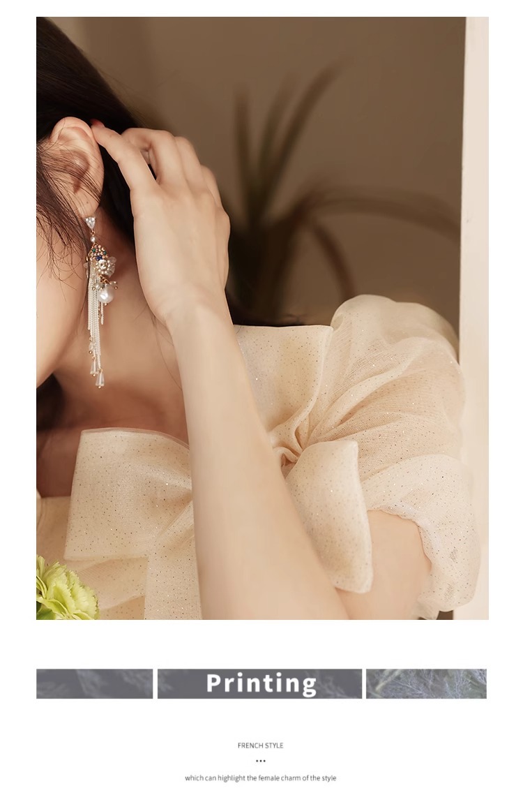 Đầm maxi nữ thắt eo kiểu Pháp, chất vải gạc nhẹ, phù hợp dự tiệc, lễ tốt nghiệp, lễ trưởng thành — Màu sâm panh, Màu trắng be, Màu xanh lam nhạt, Nhấp nháy nhẹ, hãy cẩn thận chi tiết 10