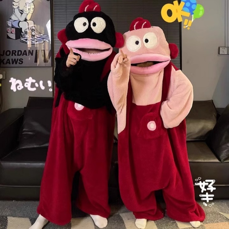 面白くて可愛い醜魚柄のハントン風コスチューム、カップル向けの冬用厚手コーラルベルベット漫画風ルームウェア（男女兼用）|undefined