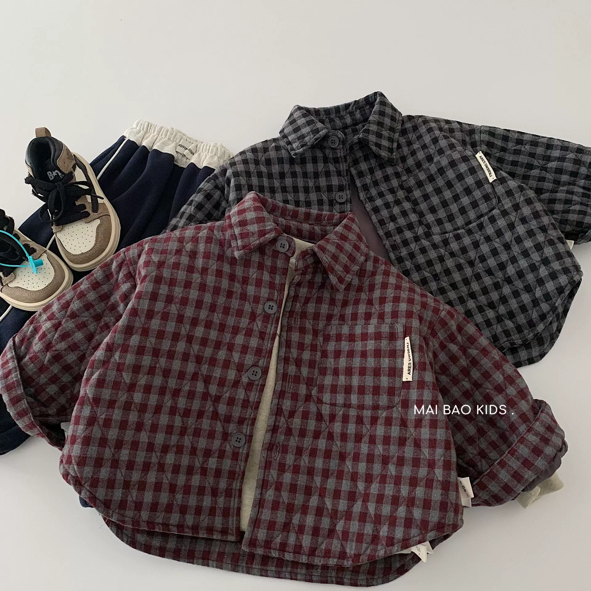 麦宝儿童格子衬衫2025冬季新款男女童加棉衬衣百搭中小童A类冬装