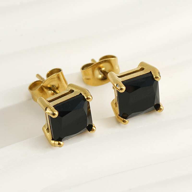 Ear Studs Classification 1 Pair Quantity Daily Occasion 1 Pair Retro Square Inlaid Zircon 304 Stainless Steel Zircon 18K Gold Plated Stainless Steel Earrings