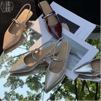 3cm Low Heel Women's Shoes [Small Silver Strip] One-Strap High-Heeled Shoes, Low-Heeled Patent Leather Backless Women's Sandals, Versatile and Comfortable