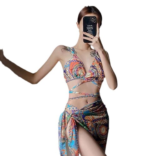  New European and American Bikini Sexy Mesh Print Beach Dress Three-Piece Swimsuit Women's Bikini Swimwear