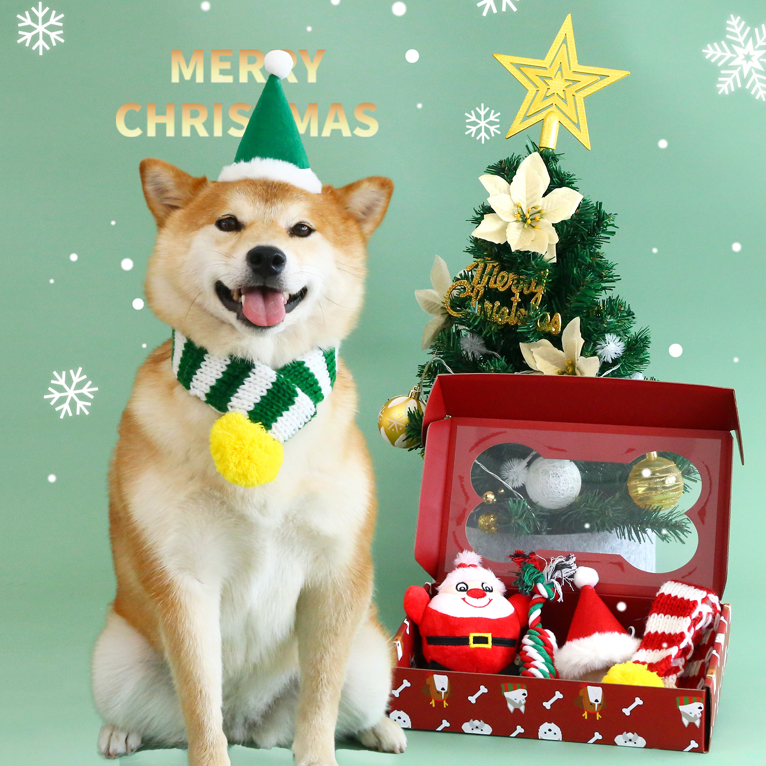 Perro de mascota Navidad lana rayas bufanda sombrero juguete caja regalo producto sonido mordedura cuerda pingüino viejo traje