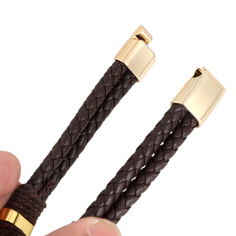 Pulseras transfronterizas europeas y americanas, pulseras trenzadas de piel de vaca de aleación retro de doble capa, pulseras con hebilla magnética de cuero a la moda para hombres