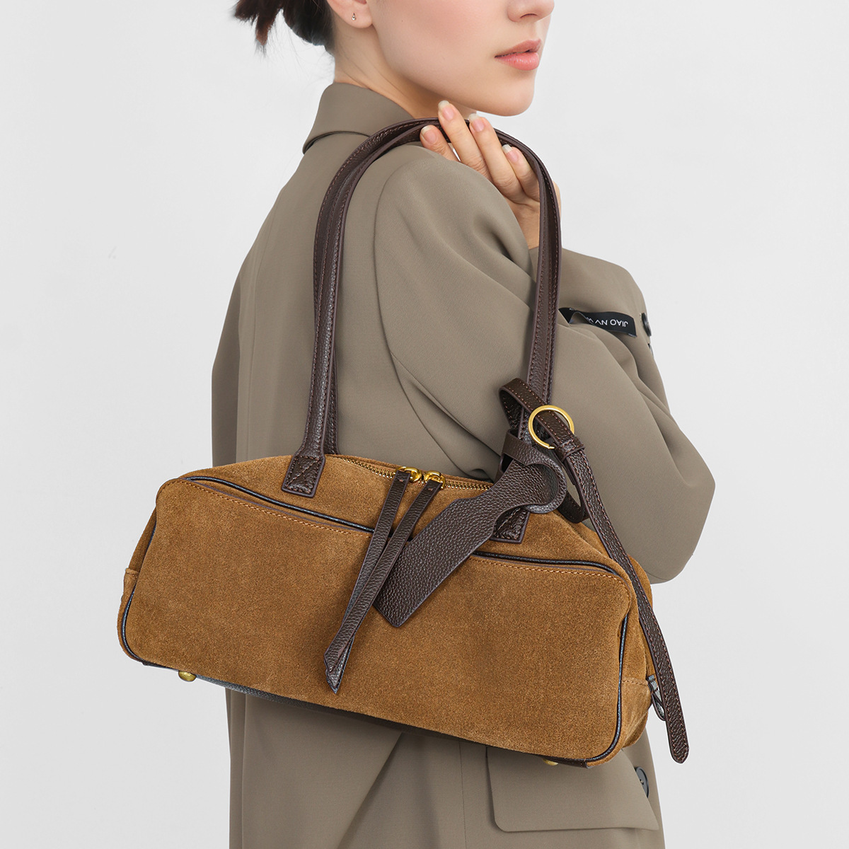 Korean Niche Hot-Selling Bowling Bag New Commuter Large Capacity Boston Genuine Leather Handbag Shoulder Bag For Women - Thumbnail 3