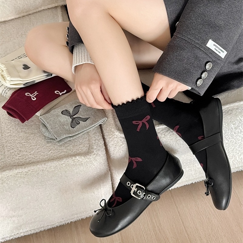 Ankorah Red Ribbon Boneless Socks for Girls, Korean Style Full Print Heart Polka Dot Crew Socks, Instagram Style Lace Cotton Socks
