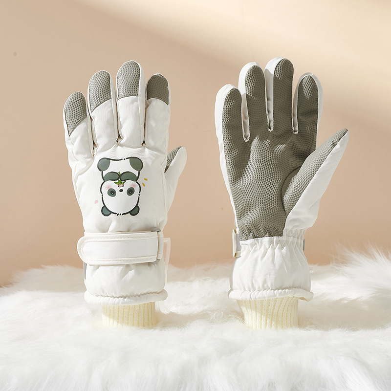 Cute Panda Ski Women's fleece-lined Thickened Non-slip Gloves New Thickened Children's Riding Electric Car Waterproof Gloves