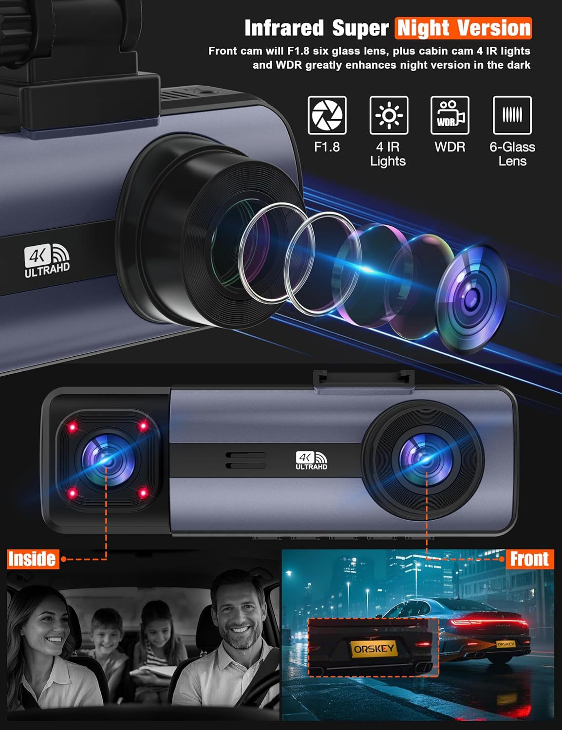 4K Ultra HD Triple-Camera Dash Cam with Wide-Angle Night Vision and Parking Monitoring, Complete Set of Accessories