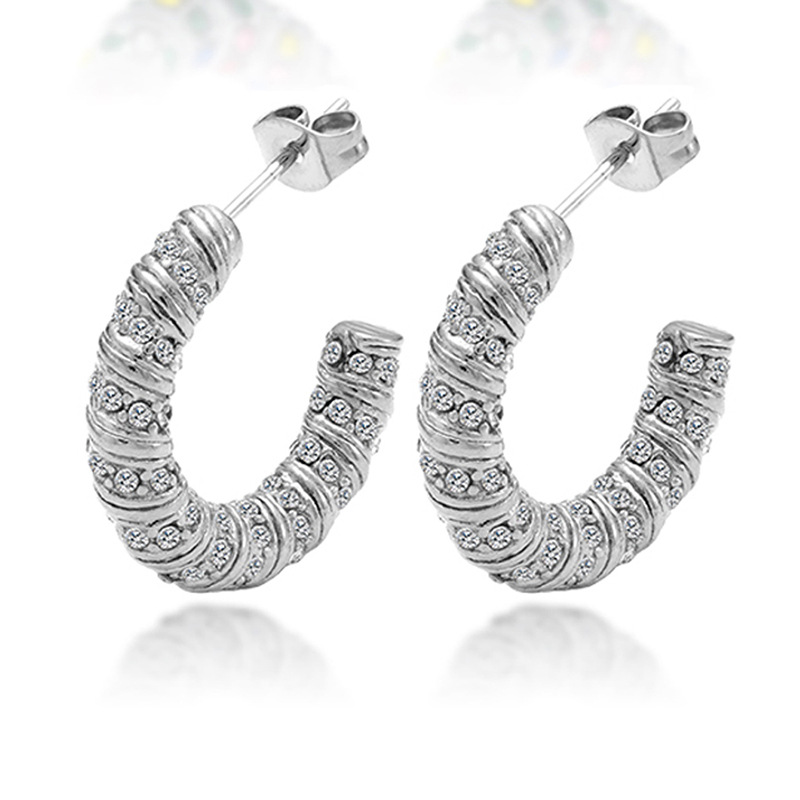 Transfronterizo nuevo acero inoxidable de 18K chapado en oro avanzados pendientes en forma de U europeo y americano estilo ins diamantes incrustados moda Luz de lujo pendientes de las mujeres