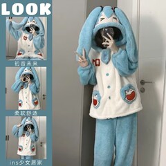 2025新作可愛い初音ミクパジャマ女性冬コーラル漫画厚手フランネルホームウェアセット