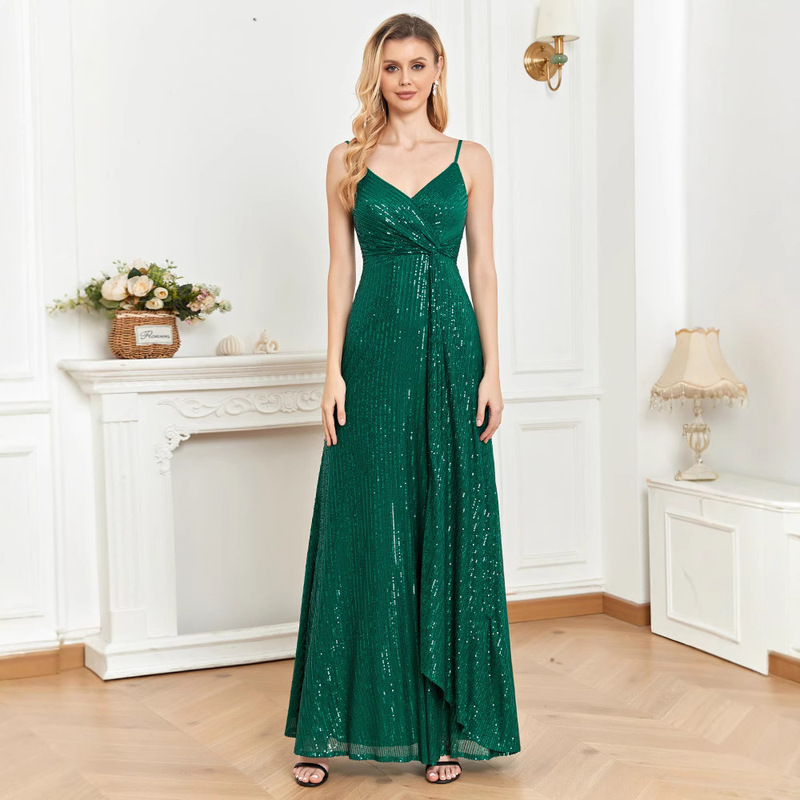Cross-border New V-neck Sequin A Pendulum Evening Dress Party Wedding Bridesmaid European and American Sling Bead Women's dress
