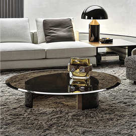 意式茶几轻奢风不锈钢现代创意极简圆方形玻璃设计师高端沙发茶台