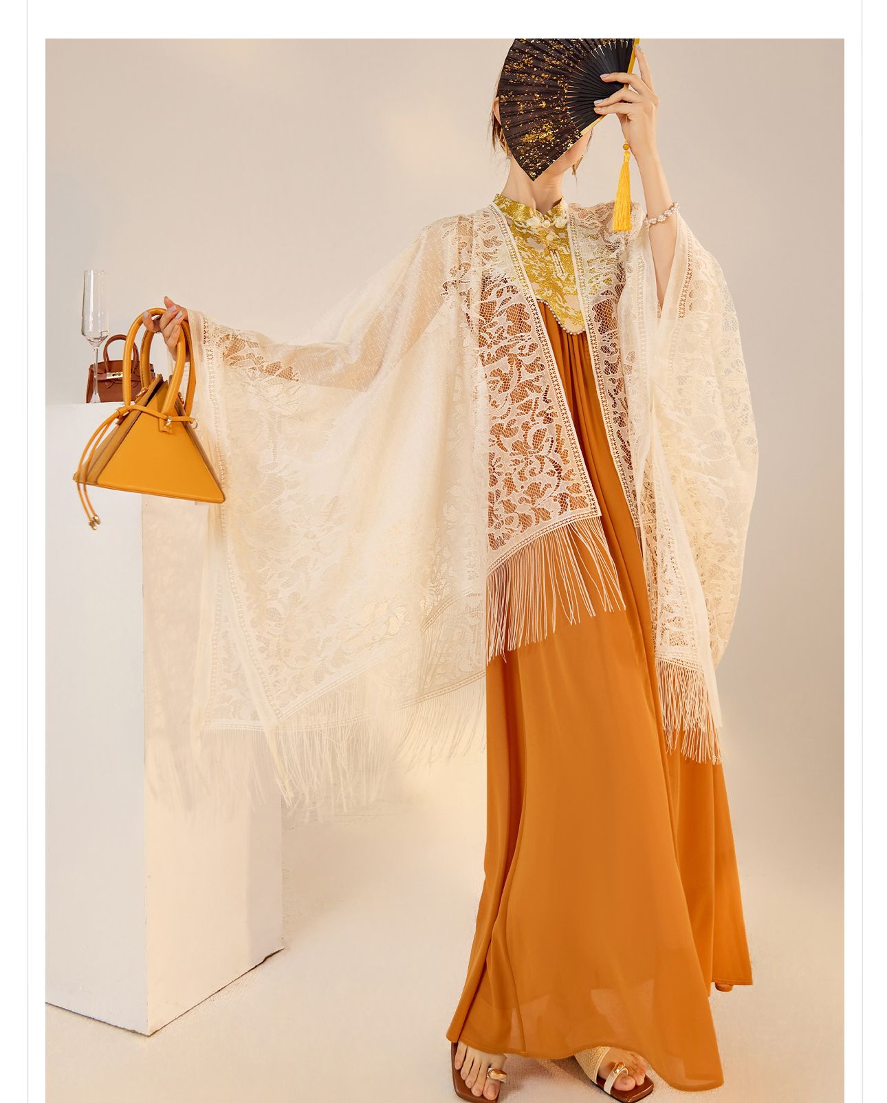 Áo cardigan rộng rãi tua rua dạng đan rỗng, phong cách sang trọng nhẹ nhàng — Màu trắng be chi tiết 7