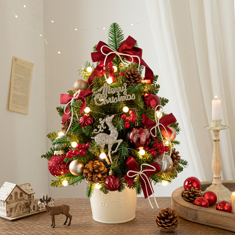 Nuevo árbol de Navidad de barril PE 45 / 60CM de lujo cifrado mini con iluminación decoración de escritorio DIY decoración árbol de Navidad