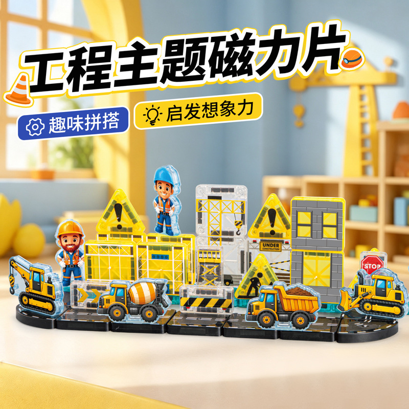 Cross-border portable pocket magnetic tiles 3.75cm Construction vehicle scene color window magnetic tiles children's educational toy