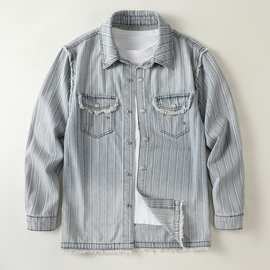 高端男士牛仔衬衫春秋条纹复古水洗翻领休闲长袖衬衣外套现货