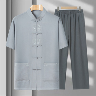 New Dad Summer Short-sleeved Tang Suit Middle-aged and Elderly Men's Casual Two-piece Clothes for the Elderly 60-year-old 70-year-old Grandpa Suit