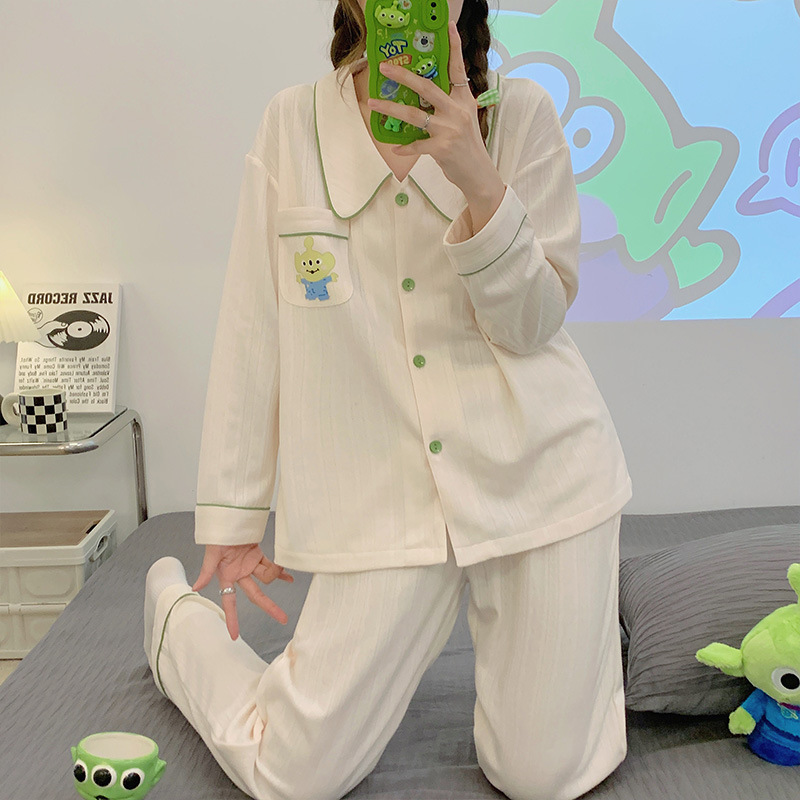 Plus tamaño pijamas casuales mujeres de algodón peinado jacquard Otoño e Invierno de manga larga cardigan lindo dulce niña traje de desgaste del hogar