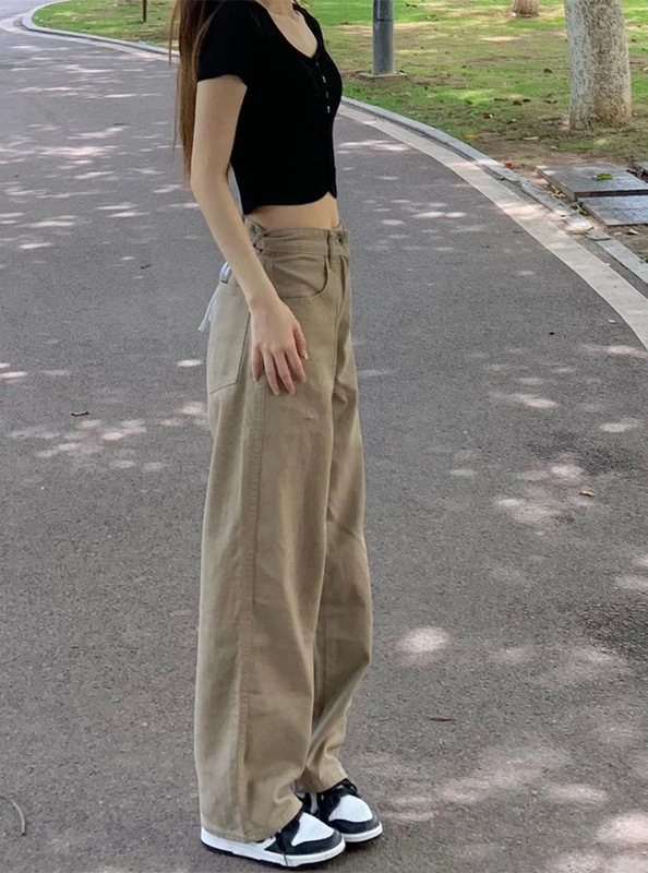 卡其色阔腿牛仔裤女夏高腰薄款显瘦宽松直筒阔腿裤女小个子垂感|undefined